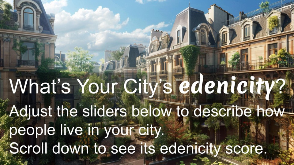 What's your city's  edenicity? Adjust the sliders below to  describe your city. Scroll down to see its edenicity score.